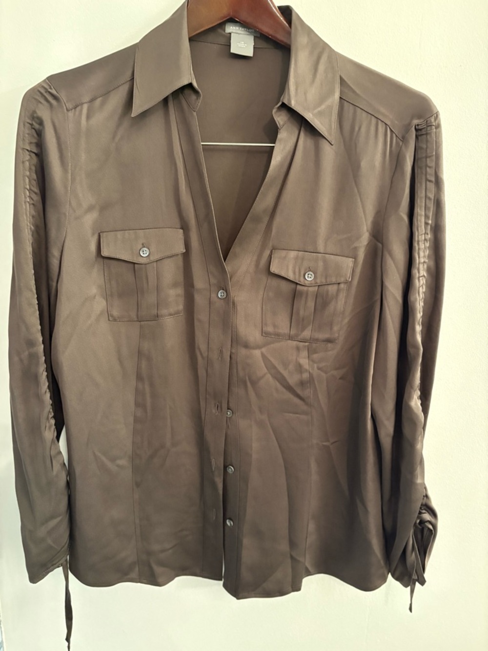 Ann Taylor Olive Gray Work Blouse with Clean Neckline